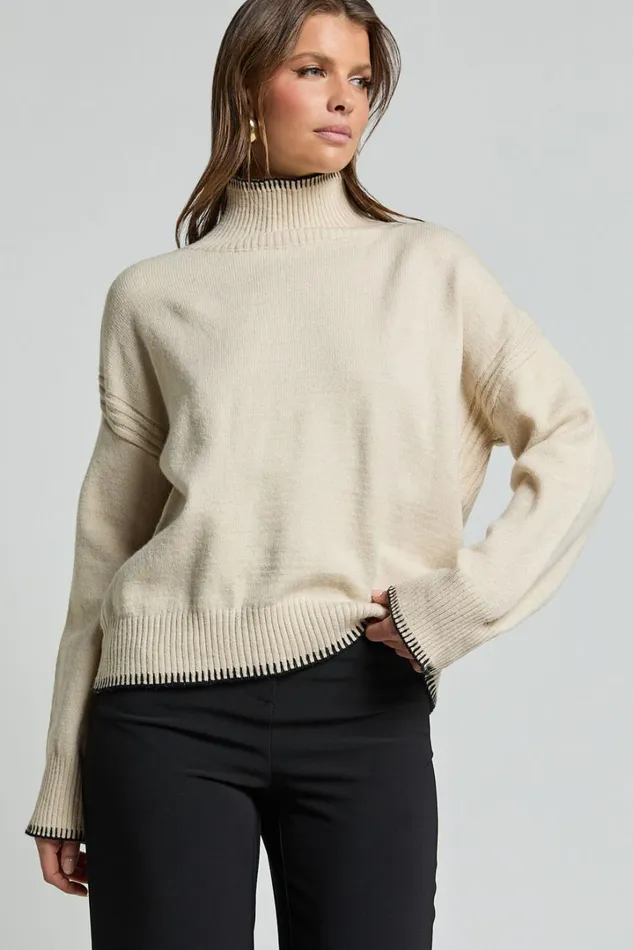 Cera Jumper 8211 High Neck Contrast Seam Stitch Detail Knit Jumper In Sand Women Showpo Sweaters and Cardigans