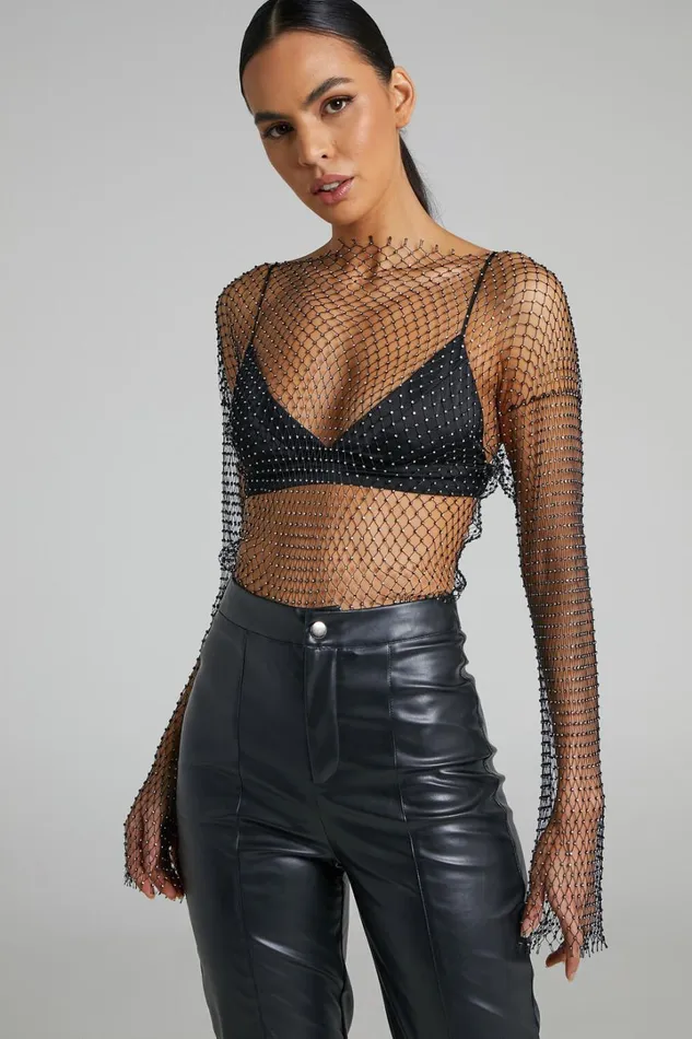 Charess Top 8211 Diamante Mesh Long Sleeve Top In Black Women Showpo Tops