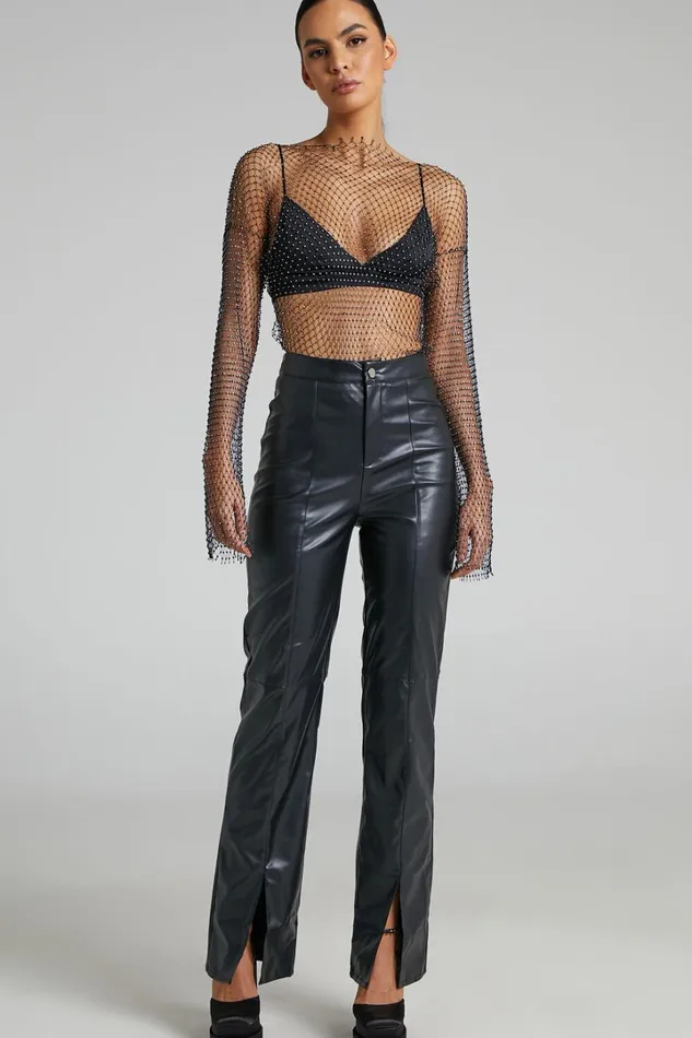 Charess Top 8211 Diamante Mesh Long Sleeve Top In Black Women Showpo Tops