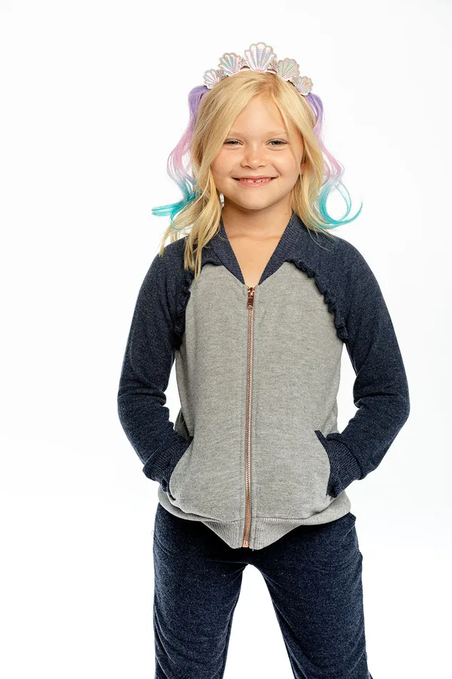 Chaser Brand Bliss Knit Color Blocked Ruffle Raglan Track Jacket Girls Outerwear