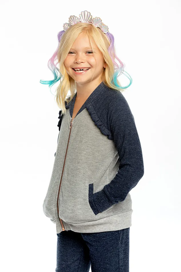 Chaser Brand Bliss Knit Color Blocked Ruffle Raglan Track Jacket Girls Outerwear Chaser Brand Bliss Knit Color Blocked Ruffle Raglan Track Jacket Girls Outerwear