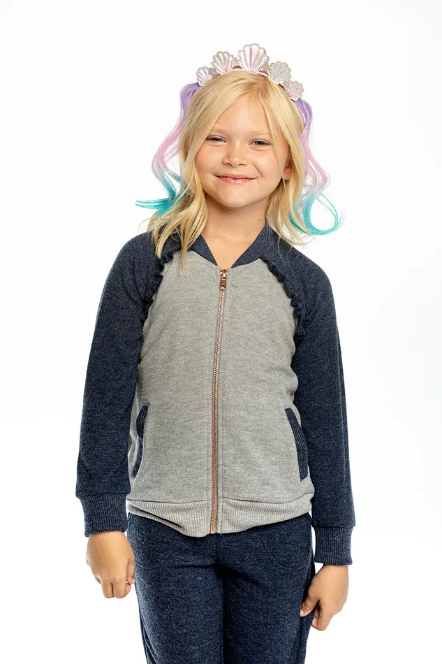 Chaser Brand Bliss Knit Color Blocked Ruffle Raglan Track Jacket Girls Outerwear Chaser Brand Bliss Knit Color Blocked Ruffle Raglan Track Jacket Girls Outerwear