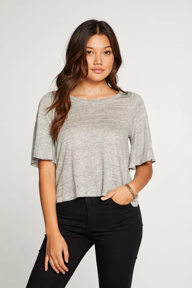 Chaser Brand Linen Jersey Flouncy 34 Angel Sleeve Tee in Heather Grey Womens Loungewear