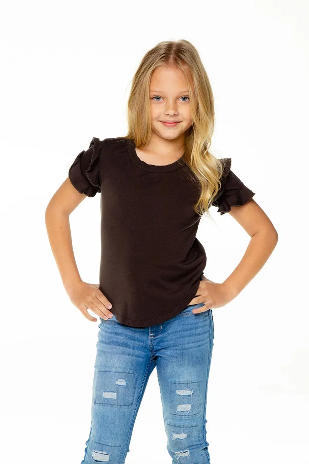 Chaser Brand Tops Girls Recycled Vintage Jersey Ruffle Short Sleeve Shirttail