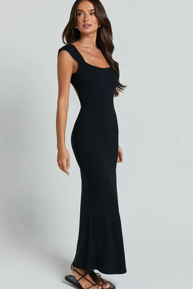 Cherell Midi Dress 8211 Scoop Neck Cap Sleeve Tie Back Bodycon Dress In Black Women Showpo Dresses