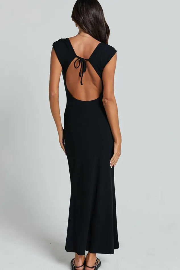 Cherell Midi Dress 8211 Scoop Neck Cap Sleeve Tie Back Bodycon Dress In Black Women Showpo Dresses