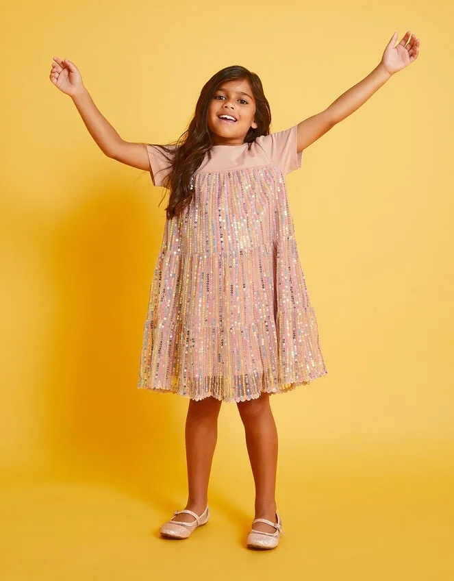 Children Jersey Sequin Tiered Dress Pink Monsoon Dresses