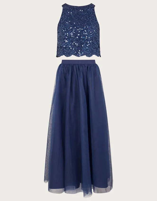 Children Sequin Top And Tulle Maxi Skirt Prom Set Blue Monsoon Partywear