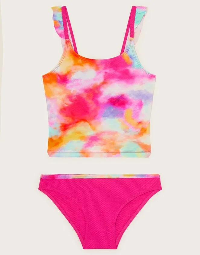 Children Tie Dye Textured Tankini Set Pink Monsoon Beachwear and Swimwear