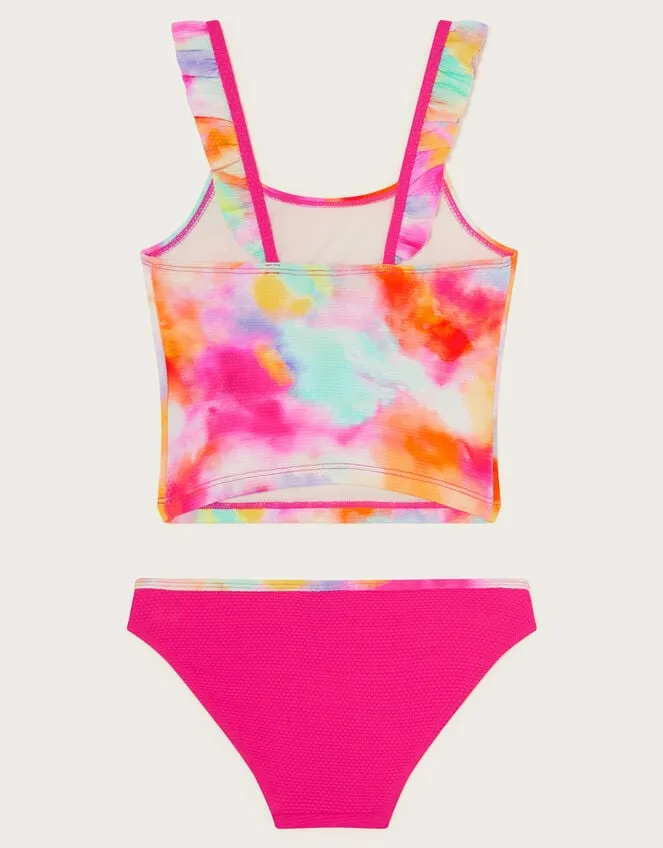 Children Tie Dye Textured Tankini Set Pink Monsoon Beachwear and Swimwear