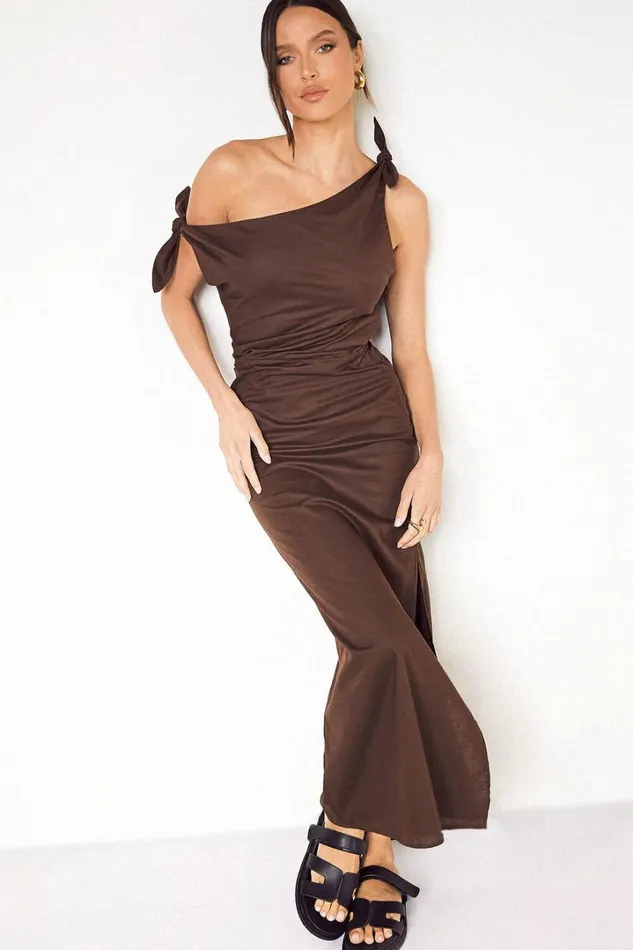 Cincinnati Midi Dress 8211 Off The Shoulder Side Split Column Linen Look Dress In Chocolate Women Showpo Curve Clothes Cincinnati Midi Dress 8211 Off The Shoulder Side Split Column Linen Look Dress In Chocolate Women Showpo Curve Clothes