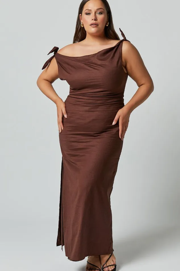 Cincinnati Midi Dress 8211 Off The Shoulder Side Split Column Linen Look Dress In Chocolate Women Showpo Curve Clothes