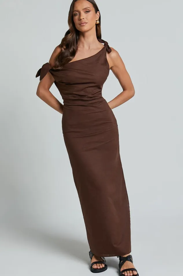 Cincinnati Midi Dress 8211 Off The Shoulder Side Split Column Linen Look Dress In Chocolate Women Showpo Curve Clothes