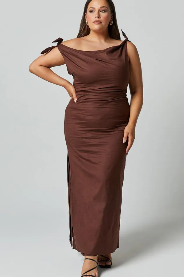 Cincinnati Midi Dress 8211 Off The Shoulder Side Split Column Linen Look Dress In Chocolate Women Showpo Curve Clothes