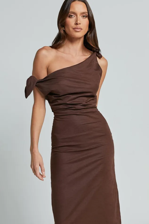 Cincinnati Midi Dress 8211 Off The Shoulder Side Split Column Linen Look Dress In Chocolate Women Showpo Curve Clothes
