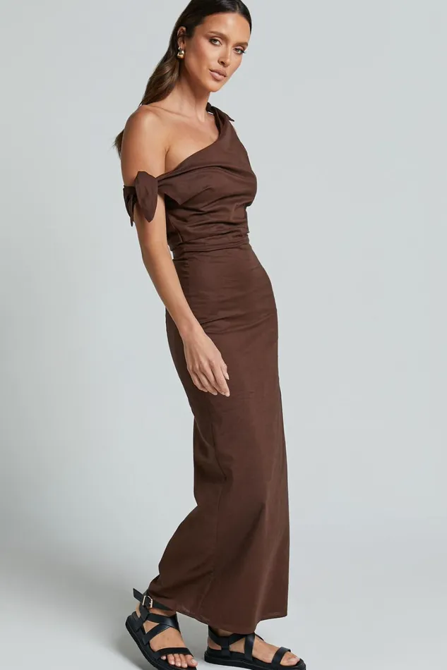 Cincinnati Midi Dress 8211 Off The Shoulder Side Split Column Linen Look Dress In Chocolate Women Showpo Curve Clothes