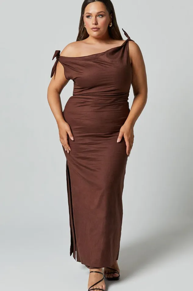 Cincinnati Midi Dress 8211 Off The Shoulder Side Split Column Linen Look Dress In Chocolate Women Showpo Curve Clothes