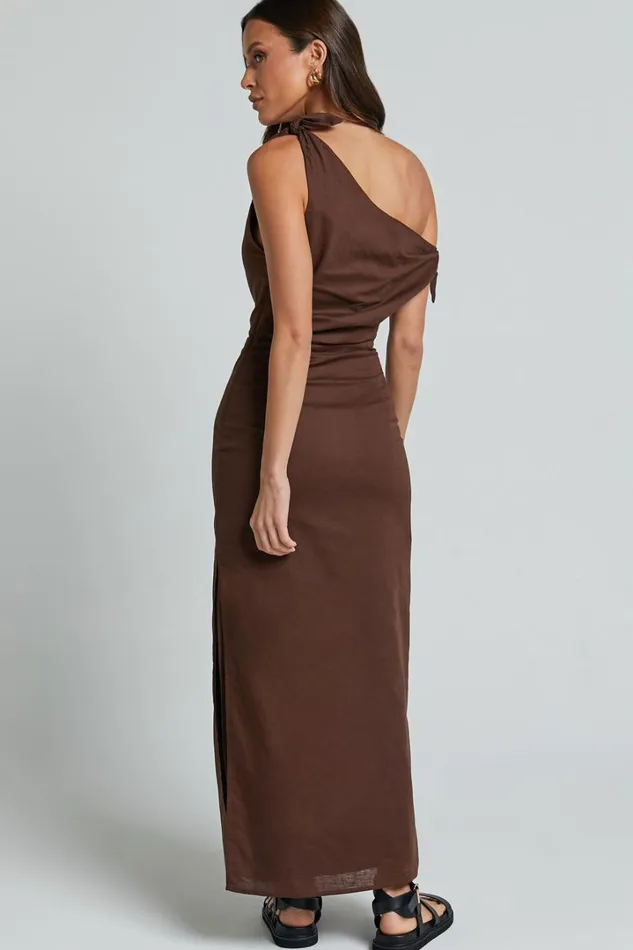 Cincinnati Midi Dress 8211 Off The Shoulder Side Split Column Linen Look Dress In Chocolate Women Showpo Curve Clothes