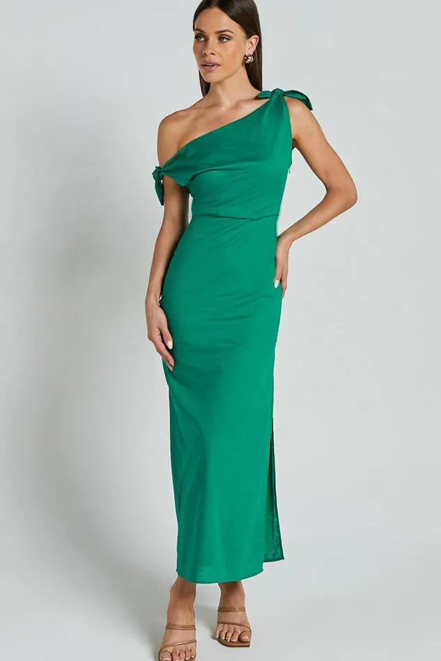 Cincinnati Midi Dress 8211 Off The Shoulder Side Split Column Linen Look Dress In Green Women Showpo Curve Clothes