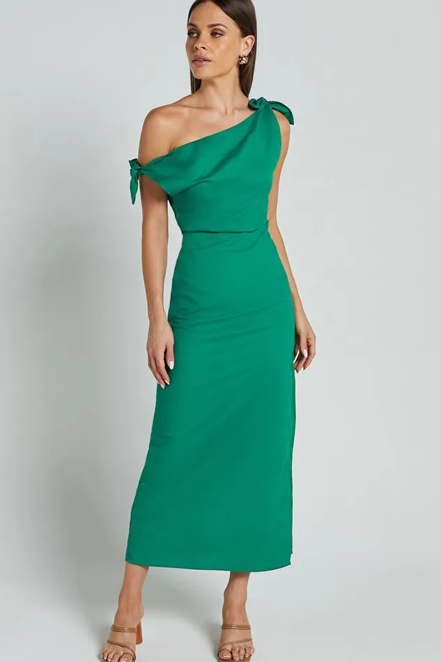 Cincinnati Midi Dress 8211 Off The Shoulder Side Split Column Linen Look Dress In Green Women Showpo Curve Clothes