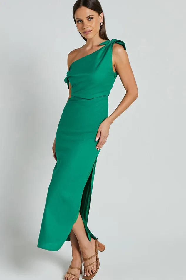 Cincinnati Midi Dress 8211 Off The Shoulder Side Split Column Linen Look Dress In Green Women Showpo Curve Clothes
