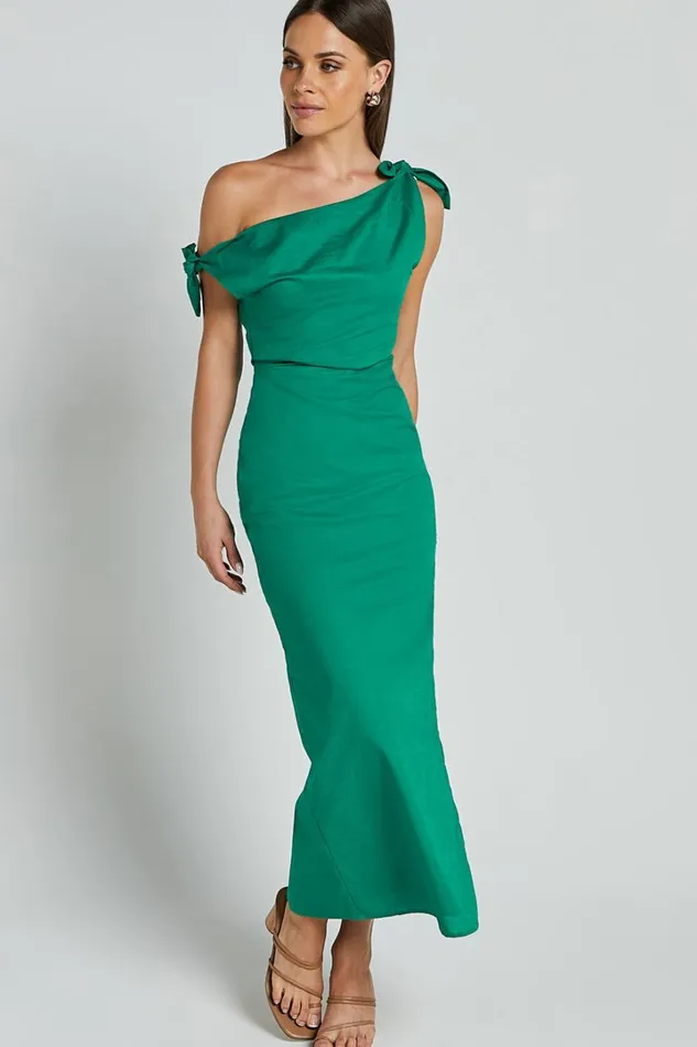 Cincinnati Midi Dress 8211 Off The Shoulder Side Split Column Linen Look Dress In Green Women Showpo Curve Clothes