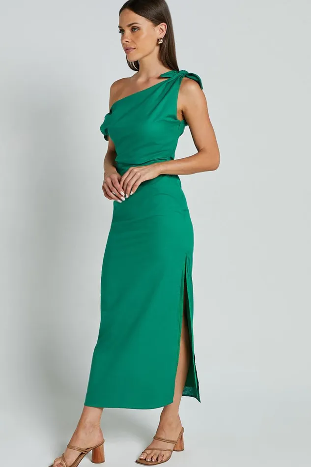 Cincinnati Midi Dress 8211 Off The Shoulder Side Split Column Linen Look Dress In Green Women Showpo Curve Clothes