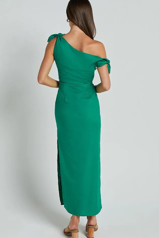 Cincinnati Midi Dress 8211 Off The Shoulder Side Split Column Linen Look Dress In Green Women Showpo Curve Clothes