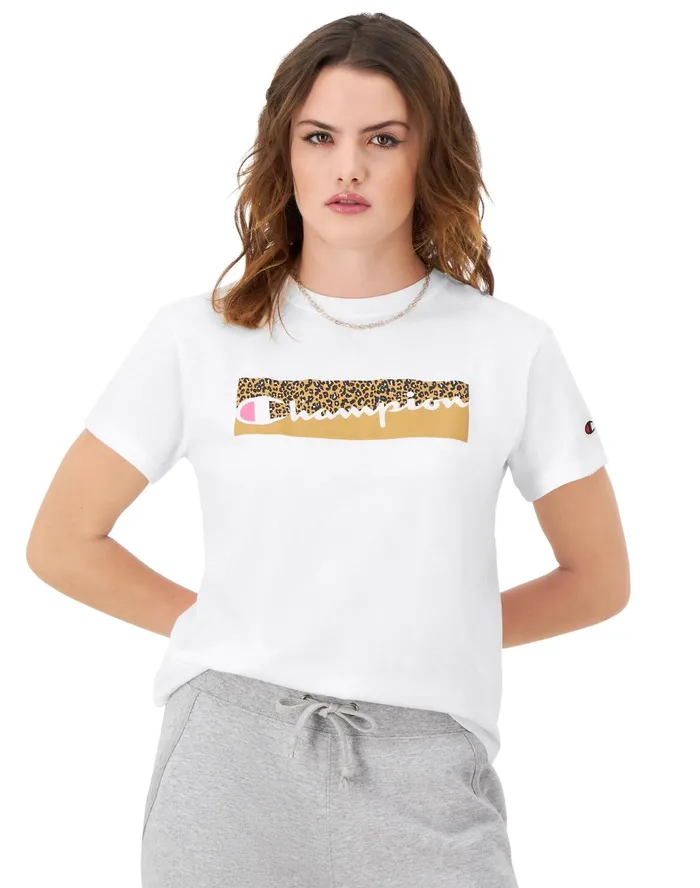 Classic TShirt Cheetah Print Script Logo White Women Champion TShirts and Tops