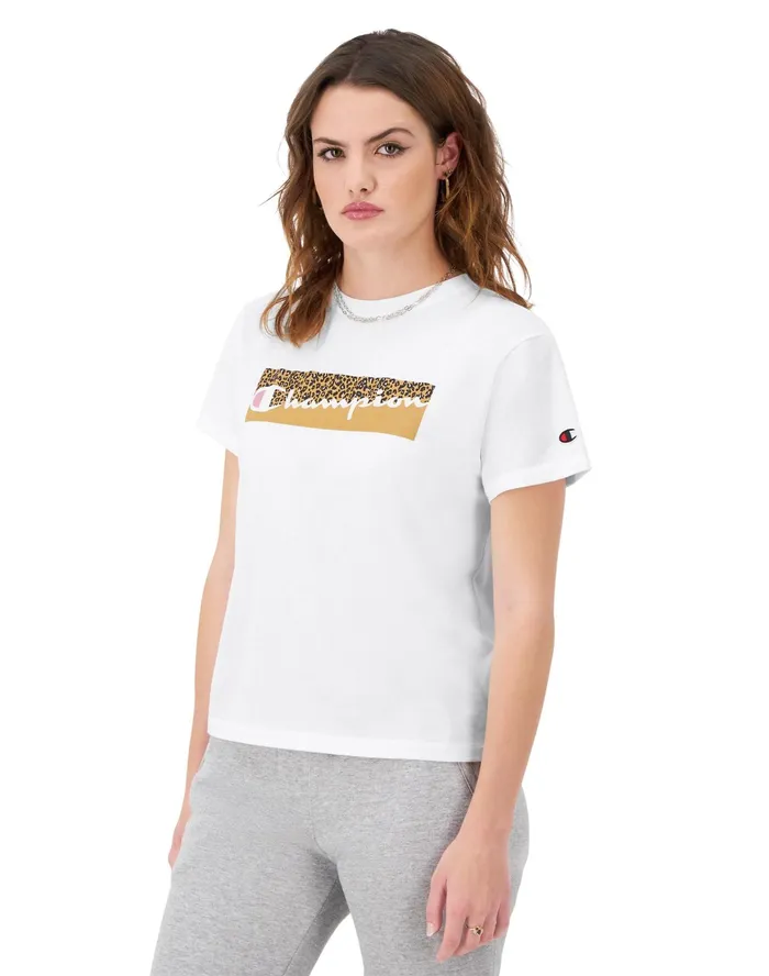 Classic TShirt Cheetah Print Script Logo White Women Champion TShirts and Tops