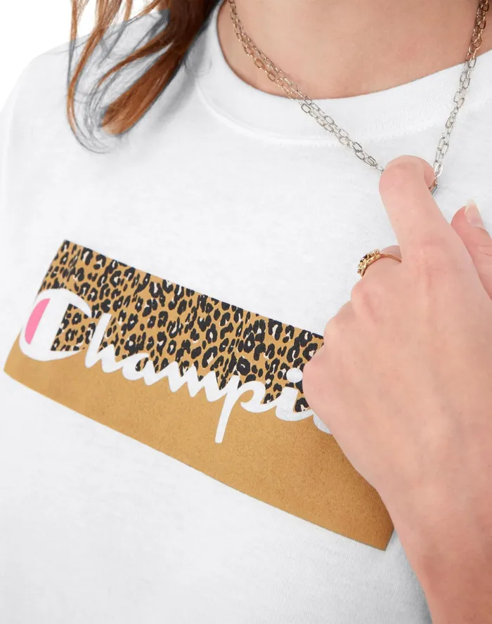 Classic TShirt Cheetah Print Script Logo White Women Champion TShirts and Tops