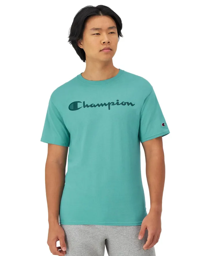 Classic TShirt Script Logo Aqua Crush Men Champion TShirts and Tops