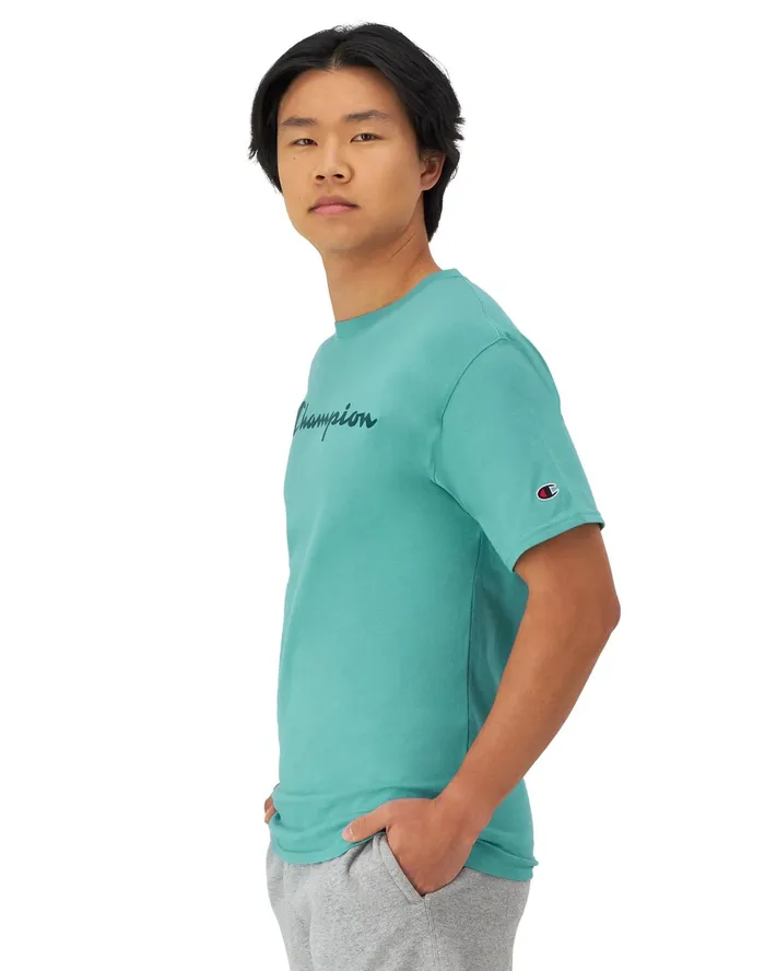 Classic TShirt Script Logo Aqua Crush Men Champion TShirts and Tops