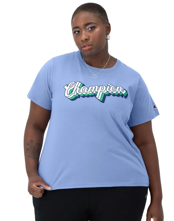 Classic TShirt Shadow Script Logo Plus Size Plaster Blue Women Champion TShirts and Tops