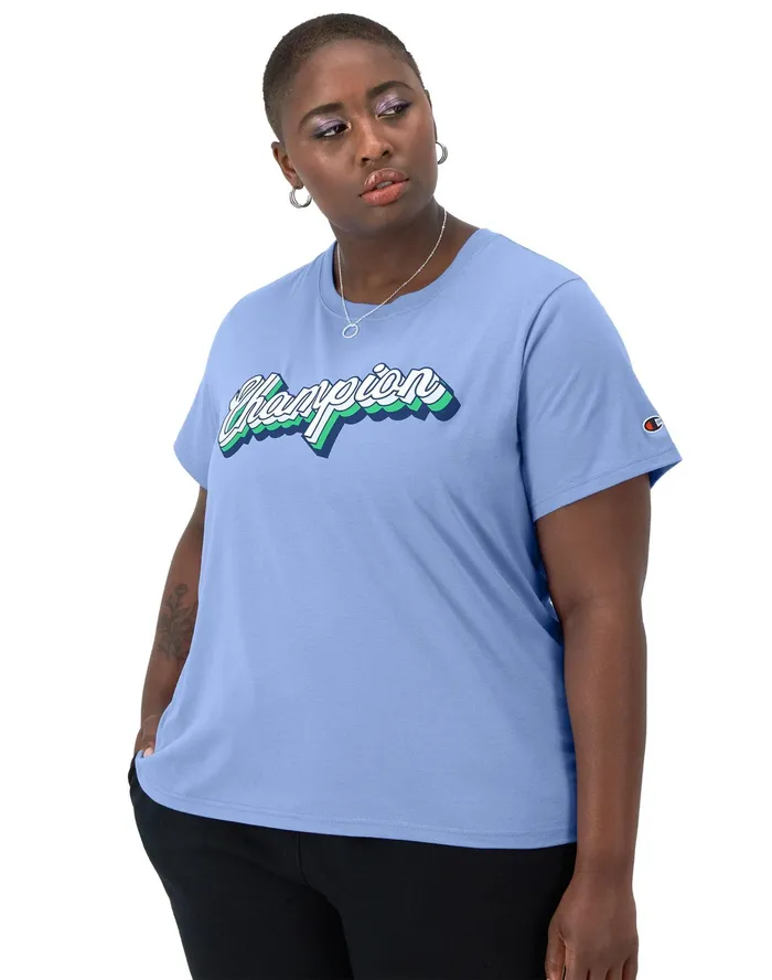 Classic TShirt Shadow Script Logo Plus Size Plaster Blue Women Champion TShirts and Tops
