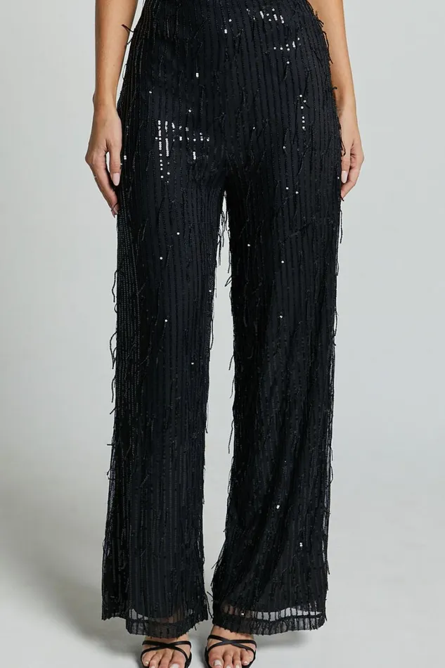 Claudette Pants 8211 High Waist Wide Leg Fringe Sequin Pants In Black Women Showpo Pants