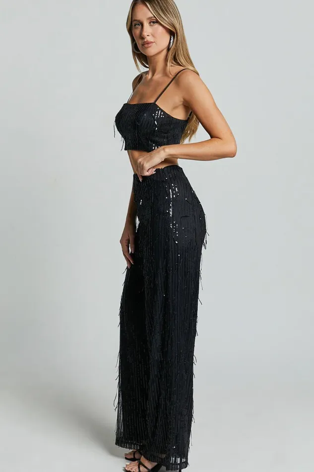 Claudette Pants 8211 High Waist Wide Leg Fringe Sequin Pants In Black Women Showpo Pants