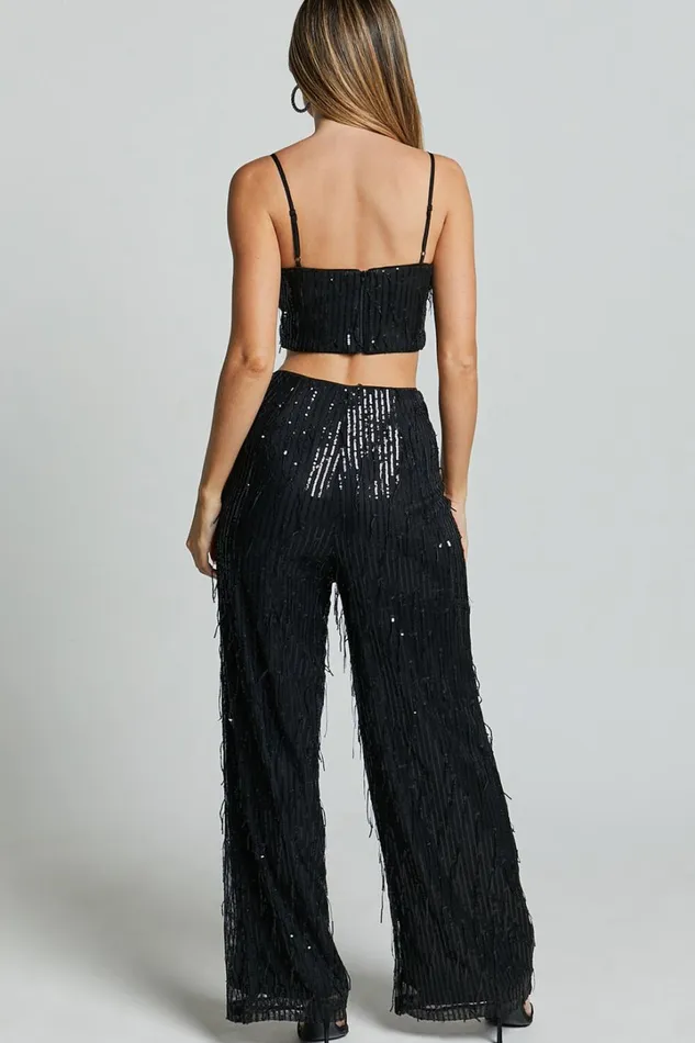 Claudette Pants 8211 High Waist Wide Leg Fringe Sequin Pants In Black Women Showpo Pants