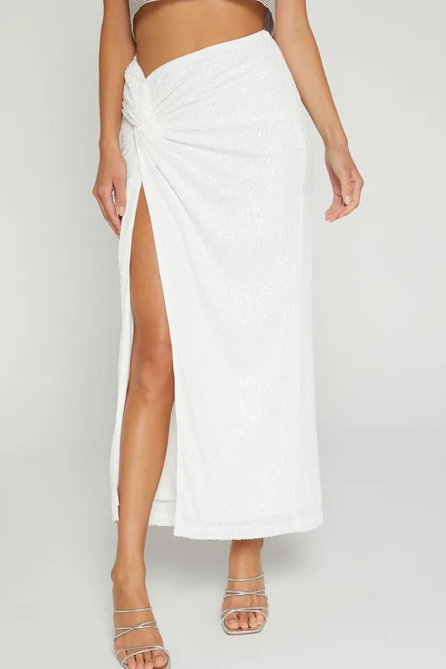 Claudilyn Midi Skirt 8211 Sequin Twist Front Skirt In White Women Showpo Curve Clothes