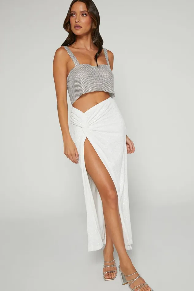 Claudilyn Midi Skirt 8211 Sequin Twist Front Skirt In White Women Showpo Curve Clothes