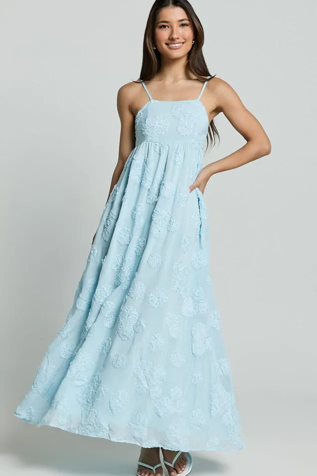 Claya Maxi Dress 8211 Sleeveless Straight Neckline Floral Detail Dress In Pale Blue Women Showpo Dresses