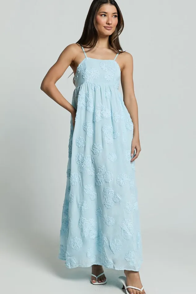 Claya Maxi Dress 8211 Sleeveless Straight Neckline Floral Detail Dress In Pale Blue Women Showpo Dresses