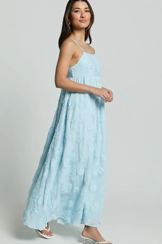 Claya Maxi Dress 8211 Sleeveless Straight Neckline Floral Detail Dress In Pale Blue Women Showpo Dresses