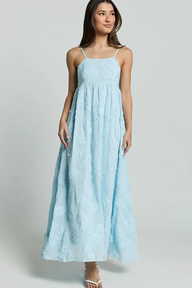 Claya Maxi Dress 8211 Sleeveless Straight Neckline Floral Detail Dress In Pale Blue Women Showpo Dresses