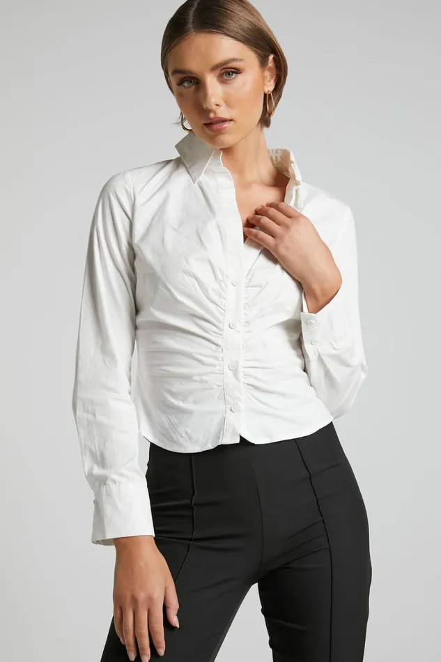 Cleone Shirt 8211 Ruched Front Button Up Shirt In White Women Showpo Curve Clothes