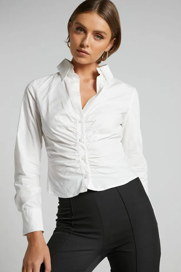 Cleone Shirt 8211 Ruched Front Button Up Shirt In White Women Showpo Curve Clothes