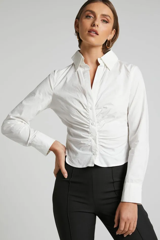 Cleone Shirt 8211 Ruched Front Button Up Shirt In White Women Showpo Curve Clothes