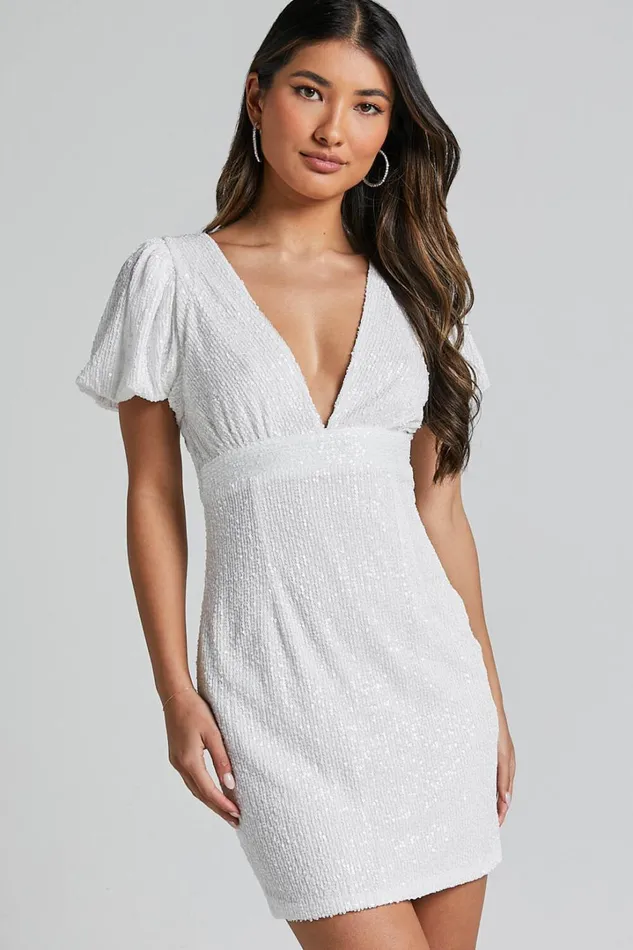 Cleonna Mini Dress 8211 Short Puff Sleeve Plunge Neck Sequin Bodycon In White Women Showpo Dresses Cleonna Mini Dress 8211 Short Puff Sleeve Plunge Neck Sequin Bodycon In White Women Showpo Dresses