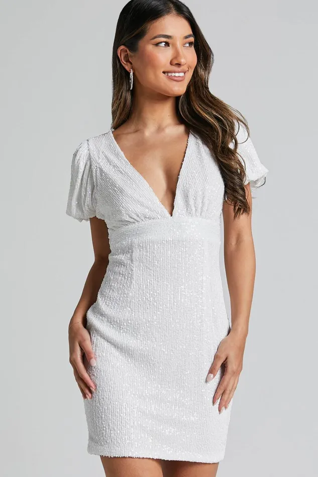 Cleonna Mini Dress 8211 Short Puff Sleeve Plunge Neck Sequin Bodycon In White Women Showpo Dresses