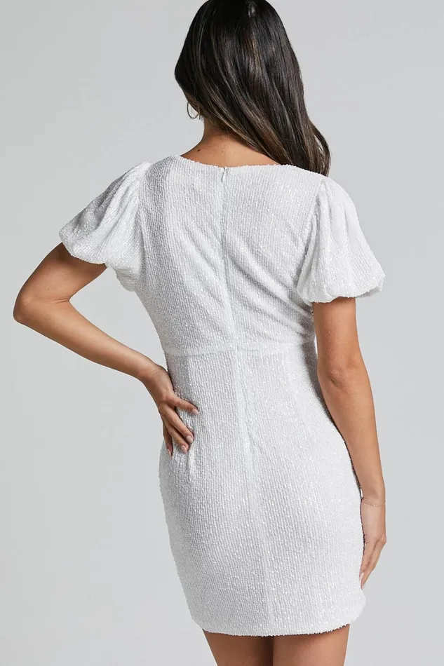 Cleonna Mini Dress 8211 Short Puff Sleeve Plunge Neck Sequin Bodycon In White Women Showpo Dresses